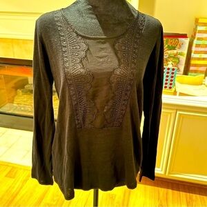 SANDRO 100% Linen w/ Lace Detail Long Sleeve Black Top Size 2 VGUC